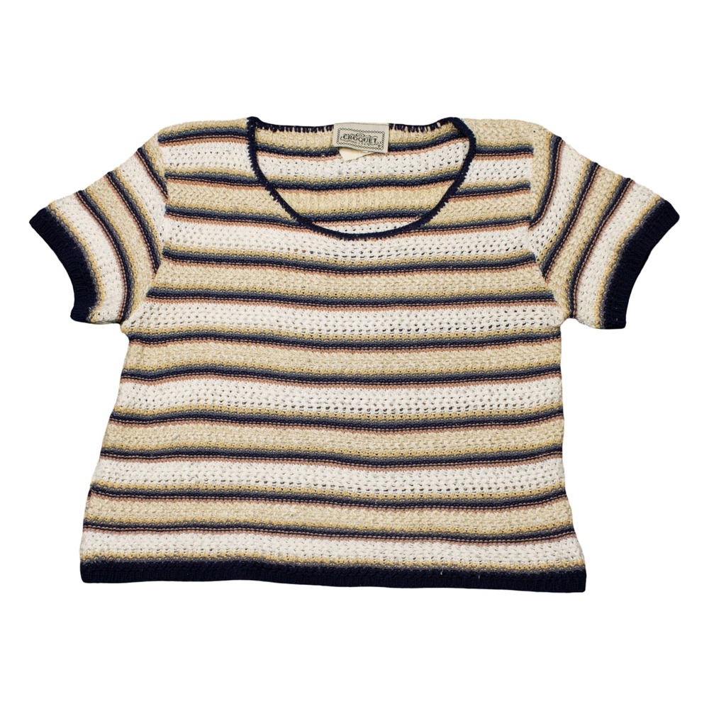 Croquet Club Vintage Striped Crochet Knit Scoop Neck Short Sleeve Multi Color